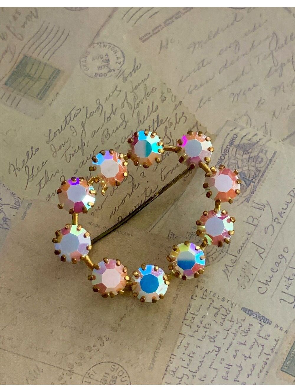 Vintage Sparkling Aurora Borealis Circle Pin Brooch with Gold Tone